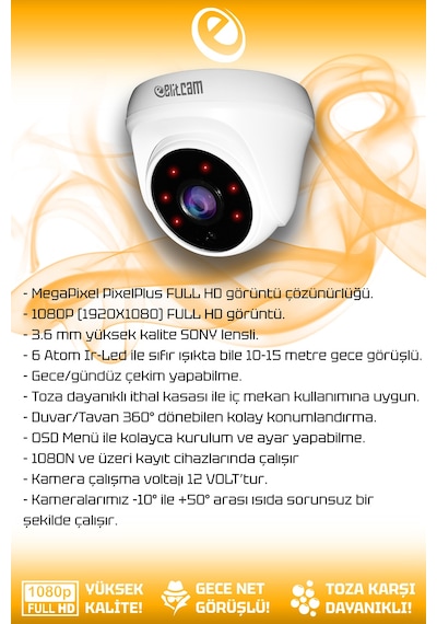 Elitcam 6 Kameralı Panda 2 İç Kamera Set 2 TB HDD Full HD Gece Görüşlü Güvenlik Kamerası Sistemi