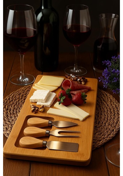 4 Parça Bambu Peynir Sunum Tahtası Ve Çatal - Spatula - Bıçak Seti, Peynir Kesim Panosu Ahşap 36 X 17 Diğer