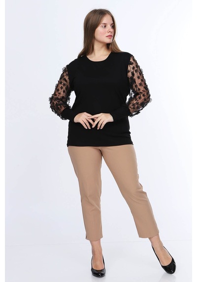 Çiçek Kollu Büyük Beden Bluz 6D-0842 Siyah