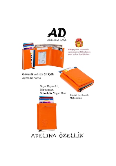 Adelina Bags Adelina Turuncu Nova Deri Mekanizmalı Otomatik Kızaklı Kartlık Cü Turuncu