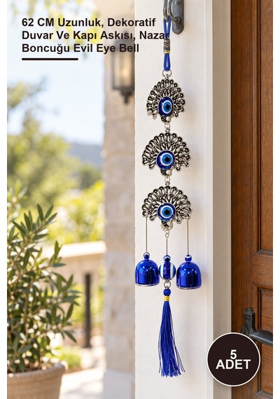 5 Adet Metal Nazar Boncuğu Çan 62 Cm Uzunluk, Dekoratif Duvar Ve Kapı Askısı, Nazar Boncuğu Evil Eye Bell