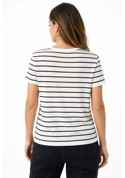 De'charme Çizgili Yazlık Triko T-shirt Bisiklet Yaka Rahat Kalıp Tişört - Beyaz
