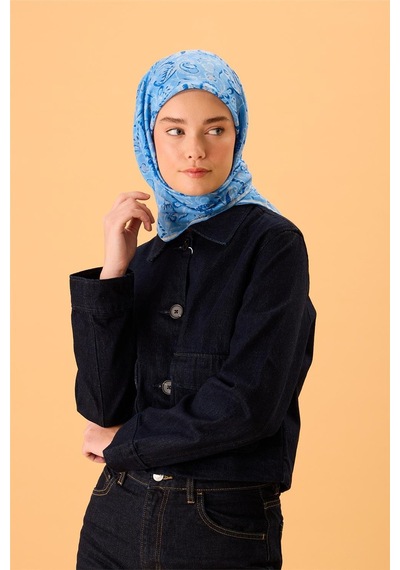 Silk Home İnce Pamuk Soft Eşarp Gök Mavi-saks Desenli Tok Duruşlu 90x90 Çok Renkli