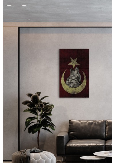 Doğal Taş Tablo Türk Bayrağı Ve Bozkurt - Duvar Dekoru, Salon Tanlosu 30x50cm