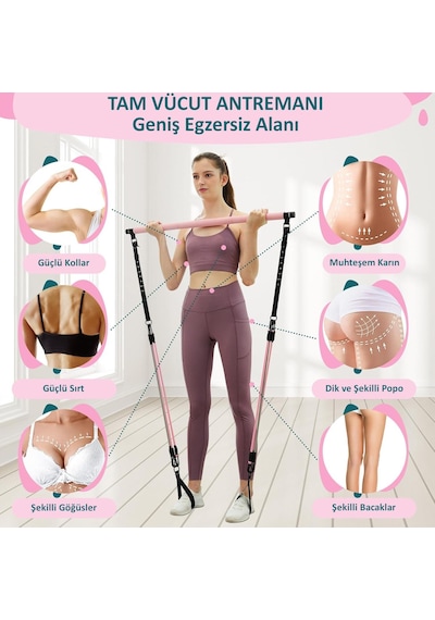 Valkyrie Full Vücut Pilates Bar Seti Egzersiz Çubuğu Ayarlanabilir Evde Onlarcak Farklı Spor Jimnastik Olanağı Kapı Askılı Çantalı Pembe