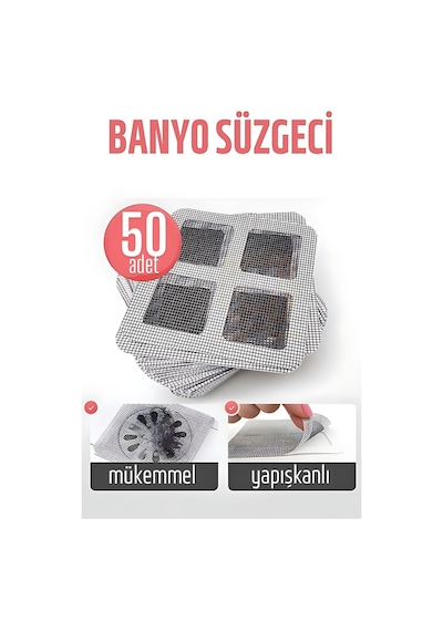 Banyo Gider Süzgeci 50 Adet Yapışkanlı Filtre, 10x10 Cm