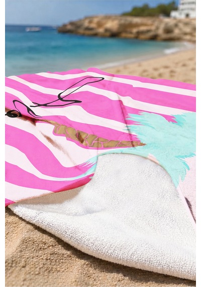 Palmiye Çizgili Tropikal Plaj Havlusu - Pembe Marine Modern Hızlı Kuruyan Mikrofiber Havlu Köpük Deniz
