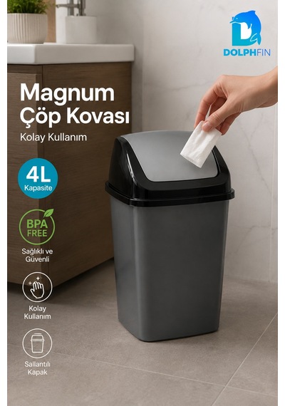 Magnum 4 Litre Sallanır Kapaklı Mini Çöp Kovası Banyo Mutfak Ofis Antrasit Siyah