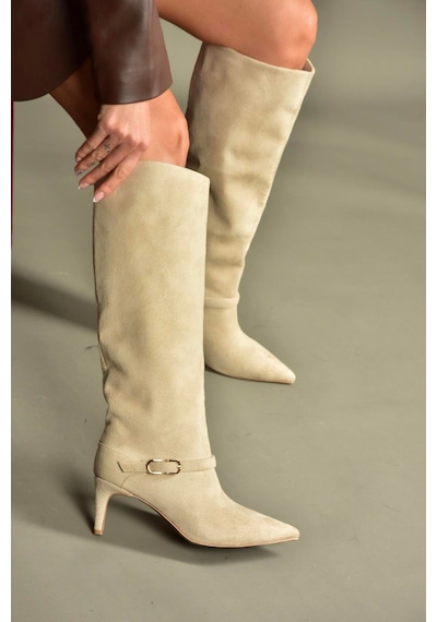 Fox Shoes V820143202 Ten Süet İnce Topuklu Klasik Kadın Çizme Ten