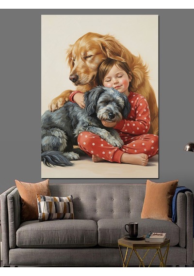 Köpekler Ve Çocuk Sevgisi Dekoratif Kanvas - Mdf Ahşap Tablo