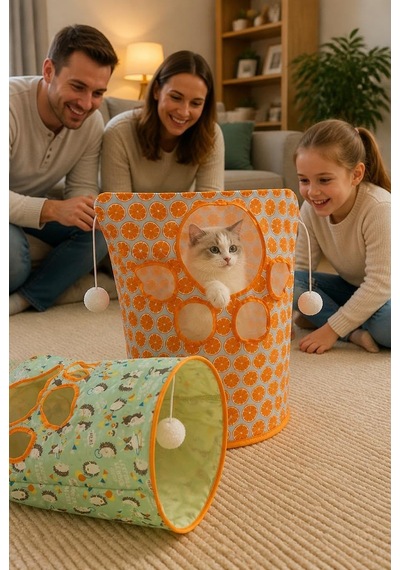 Katlanabilir Kedi Tüneli Oyuncağı Fareli İnteraktif Kedi Tüpü Çökebilir Dayanıklı Polyester Evcil Hayvan Oyun Tüneli Asorti Renk Gönderimli İç Mekan Egzersiz Oyuncağı