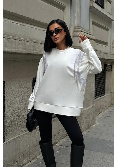 WeShaya Kadın Kırık Beyaz Oversize Dokuma Uzun Kollu Sweatshirt Kırık Beyaz