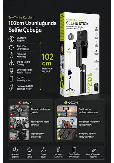 Bluetooth Kumandalı Gimbal Sabitleyici 102cm Selfie Çubuğu Ve Tripod Yatay Ve Dikey Eksenli Iş