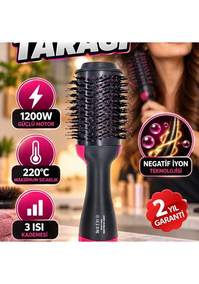 1200w Fön Tarağı 220 C, Negatif İyon Teknolojisi Ve 3 Isı Kademesi