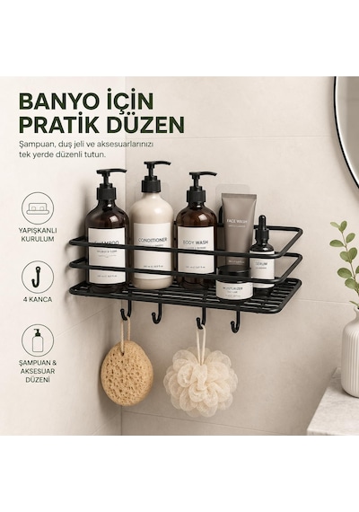 Siyah Yapışkanlı Banyo Ve Mutfak Rafı, 4 Kancalı Metal Duvar Rafı, Şampuanlık Ve Baharatlık Organizer, Delmeden Kolay Kurulumlu Çok Amaçlı Düzenleyici