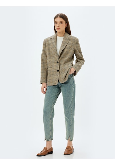 Koton Mom Fit Kot Pantolon Standart Bel Yırtmaç Detaylı Düğmeli Cepli Pamuklu - Mom Fit Jeans Orta İndigo 5wal40060md Indigo İndigo