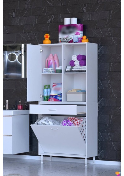 Afra 70 Cm 2 Gözlü Kirli Çamaşır Sepet, 1 Kapak Ve Çekmeceli 4 Raflı Çok Amaçlı Banyo Dolabı Beyaz Afra 70 Cm 2 Gözlü Kirli Çamaşır Sepet, 1 Kapak Ve Çekmeceli 4 Raflı Çok Amaçlı Banyo Dolabı Beyaz
