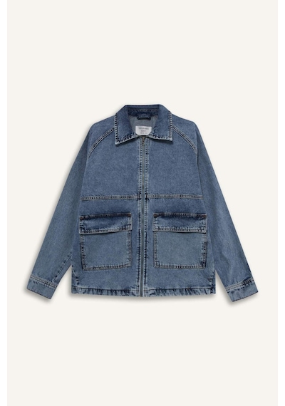 Defacto Relax Fit Fermuarlı Denim Ceket F0097ax25aunm39 Mavi