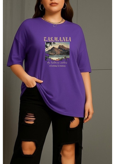 Büyük Beden Tasmania Baskılı Unisex Tişört Mor