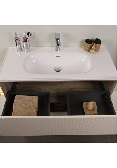 Kobos Elegant 100 Cm Banyo Dolabı Seti Light Walnut + Luna Ahşap Kobos Elegant 100 Cm Banyo Dolabı Seti Light Walnut + Luna Ahşap