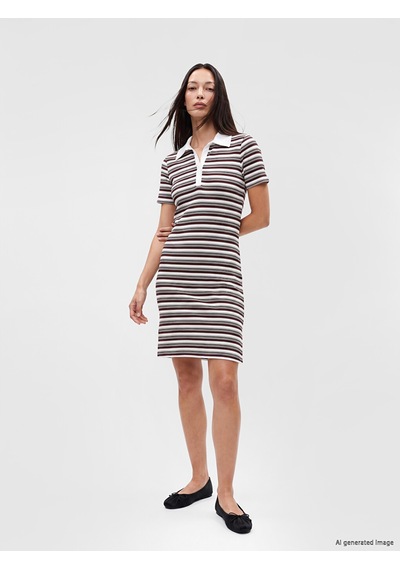 Lcw Everyday Siyah Polo Yaka Çizgili Elbise