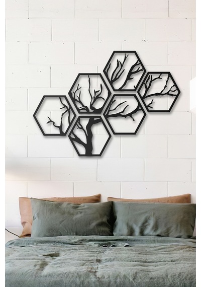 Hexagon Tree Metal Duvar Tablosu - Siyah - 6 Parça