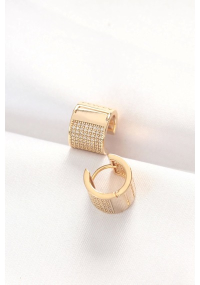 Pirinç Gold Renk Taşlı Minimal Küpe Çok Renkli