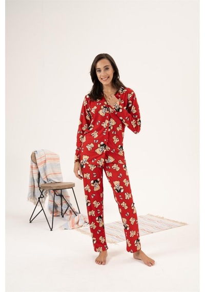 Estiva Desenli Önden Düğmeli Süet Bayan Pijama Takım 001