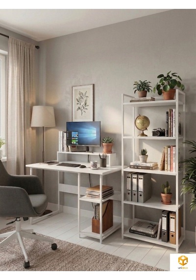 Vien 2 Set Kitaplıklı Masa Raflı Çalışma Masası 5 Raflı Kitaplık Monitör Yükseltici Beyaz - Beyaz Vien 2 Set Kitaplıklı Masa Raflı Çalışma Masası 5 Raflı Kitaplık Monitör Yükseltici Beyaz - Beyaz