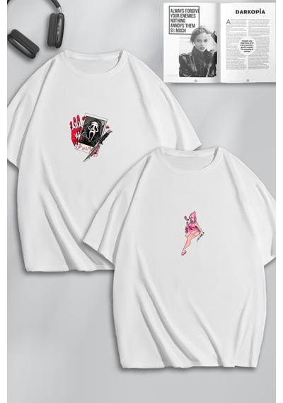 Unisex Kadın Erkek Mr And Mrs Scream Çığlık Baskılı Sevgili Çift Kombini Oversize Tshirt 2'li Beyaz Mck0093 Beyaz