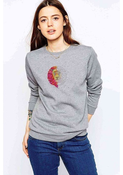 Lion Mosaic Artwork Baskılı Gri Kadın Sweatshirt