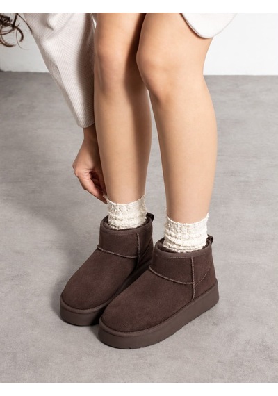 Dabab Shoes Kardelen Kadın Acı Kahve Lüks Süet İçi Kürklü Sıcak Astarlı 5 Cm Kalın Tabanlı Kısa Bot Kar Botu Acı Kahverengi