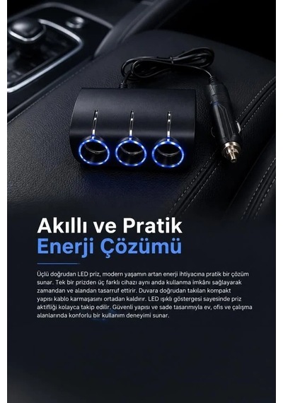 Telefon Şarjı Enerji Kaynağı Taşınabilir Güç Araç Şarj Cihazı Üçlü Led Soketli 120w G24 Siyah