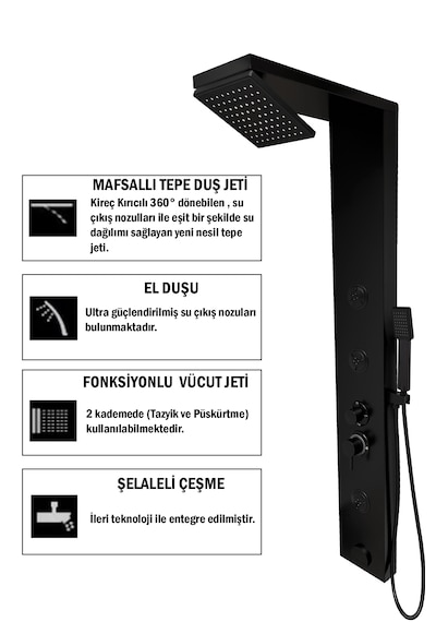 Venüs Siyah Premium Lena Masajlı Duş Paneli - Dikey Jakuzi - Robo Siyah