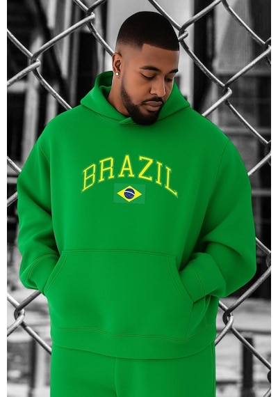 Benroma 3 İplik Penye Brazil Baskılı Büyük Beden Sweatshırt Yeşil