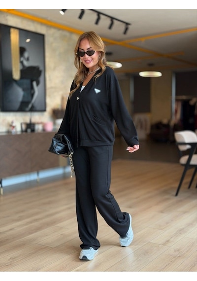 Veraura Lifestyle Kadın Modal Kumaş Arma Detay Hırka Pantolon Ikili Takım Siyah