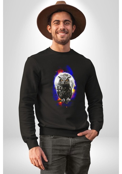 Baykuş Ay Gece Uğur Unisex Siyah Sweatshirt Siyah