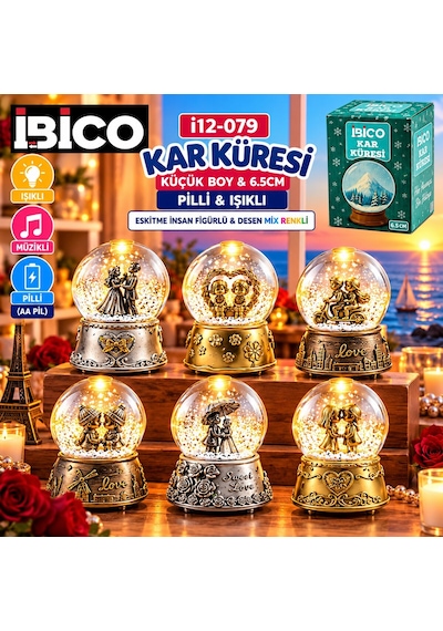 İbico İ12-079 Kar Küresi Cam Renkli 6.5cm Pilli Desen Işıklı Küçük Boy Metal