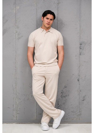 Mass Plus Regular Fit Likralı Kendinden Çizgili Yarım Baggy Pantolonlu T-shirt Takım Krem
