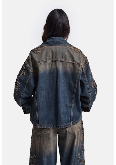 Kadın Koyu Kot 4w6-32 Oversize Nakış Detaylı Tasarım Denim Ceket