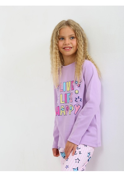 Kız Çocuk Uzun Kollu %100 Pamuklu Pijama Takımı Happy Life Lila