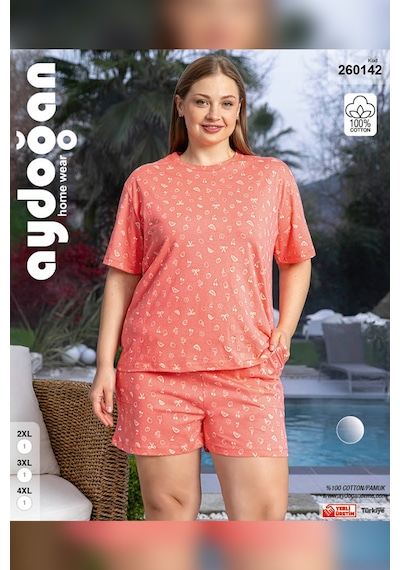 Aydoğan Kadın Lara Büyük Beden Şortlu Cotton Mercan Pijama Takım 0142 Pembe