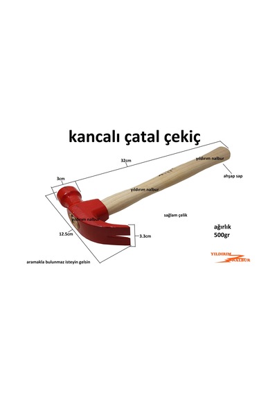 Çekiç Kancalı Çatal Çekiç Boyalı Sağlam 500Gr Ahşap Saplı