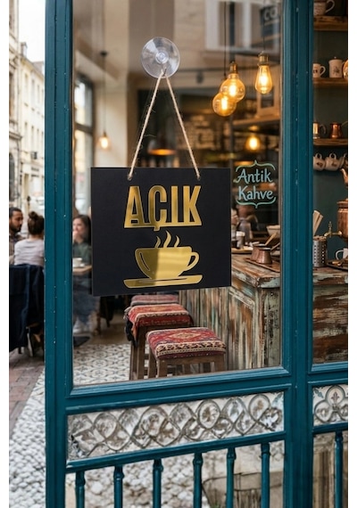 Ahşap Üzeri Gold Aynalı Pleksi Açık-kapalı Cafe Ve Restaurant Tabelası