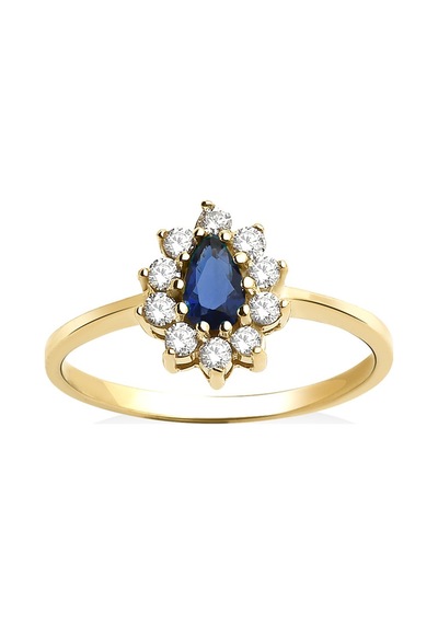 14 Ayar Mikron Altın Kaplama Safir Taşlı Damla Halo Yüzük Vintage Stil - Rs00116 Altın