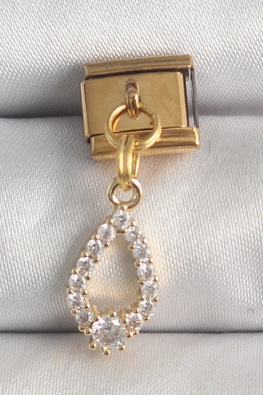316l Çelik Gold Renk Sallantı Zirkon Taşlı Damla Model Nomination Charm Altın