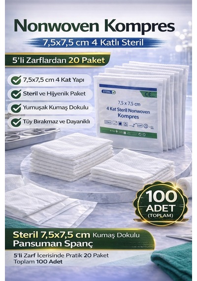Nonwoven Kompres 7,5x7,5 Cm 4 Katlı Steril 100 Adet 5 Li Zarflardan 20 Paket Pansuman Spanç 1 Kutu