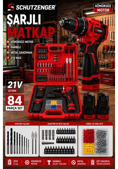 F02 Şarjlı Armut Matkap Darbeli Kömürsüz Motor 21w 84 Parça Çelik Şanzıman Su Geçirmez Profesyonel