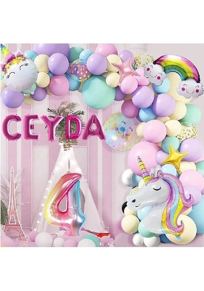 5 Harfli Yaş Seçenekli Gökkuşağı Konseptli Unicorn Temalı Makaron Balon Doğum Günü Parti Kutlama Seti 7