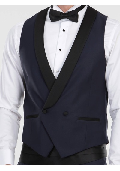 Kip Saks Fitted Fit Şal Yaka Klasik Yelek Saks